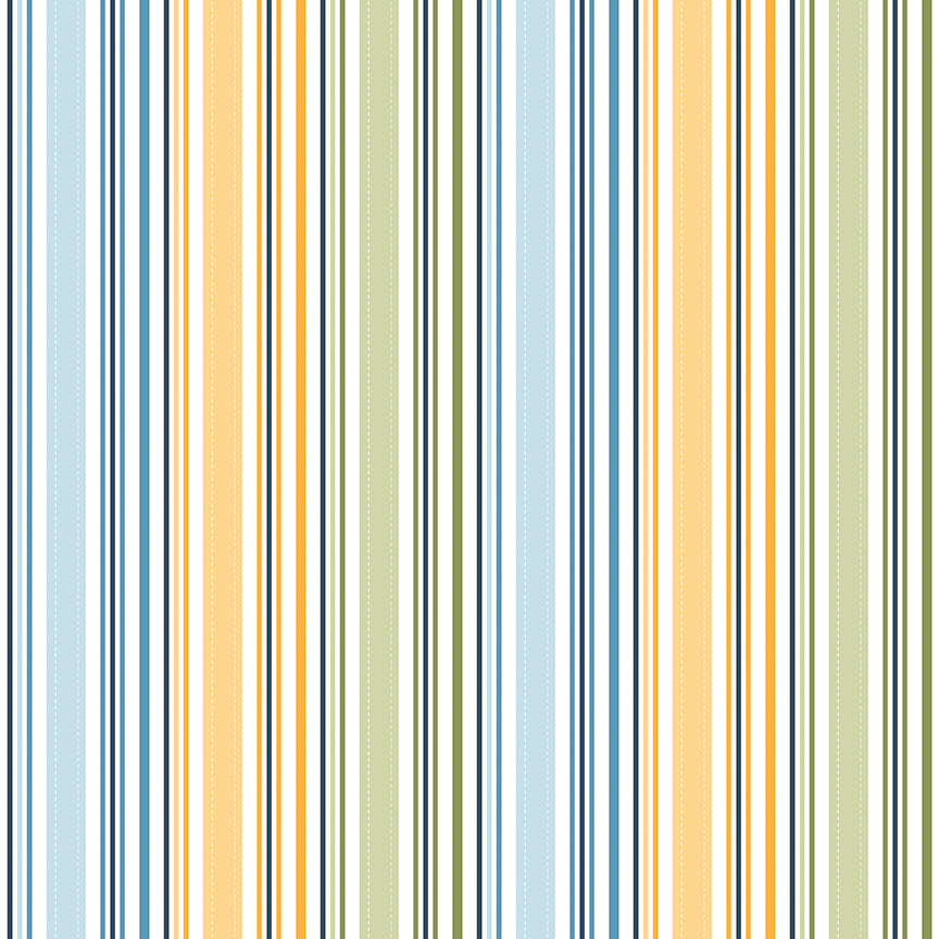 Pattern of vertical stripes in blue, orange, green, and white on a white background