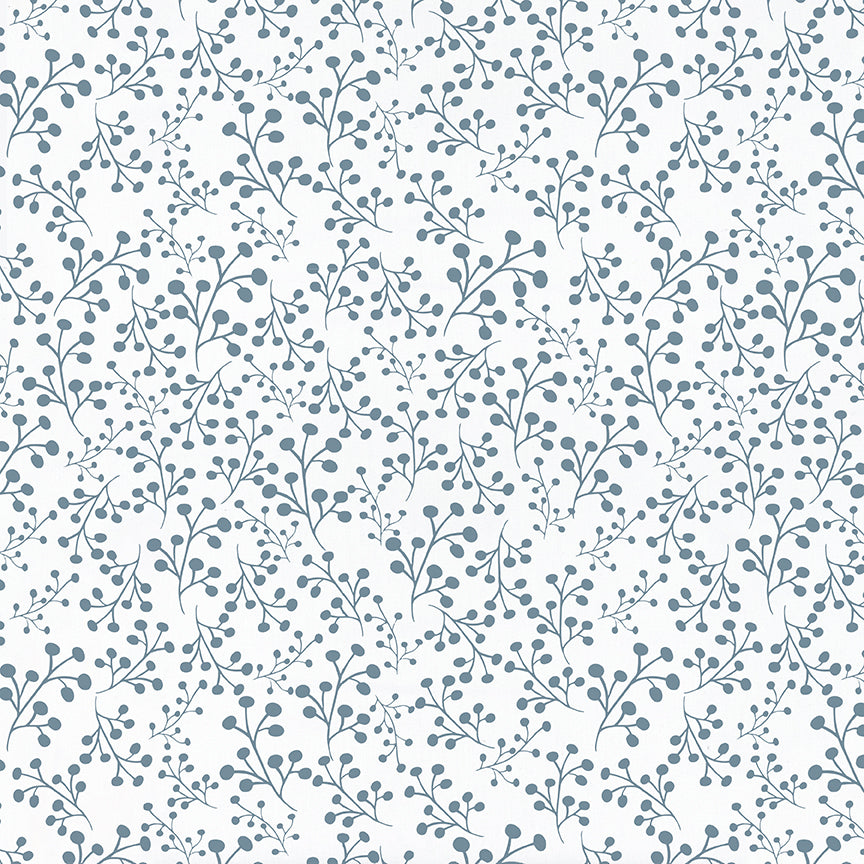 A seamless repeating pattern of delicate blue botanical stems and leaves on a clean white background.