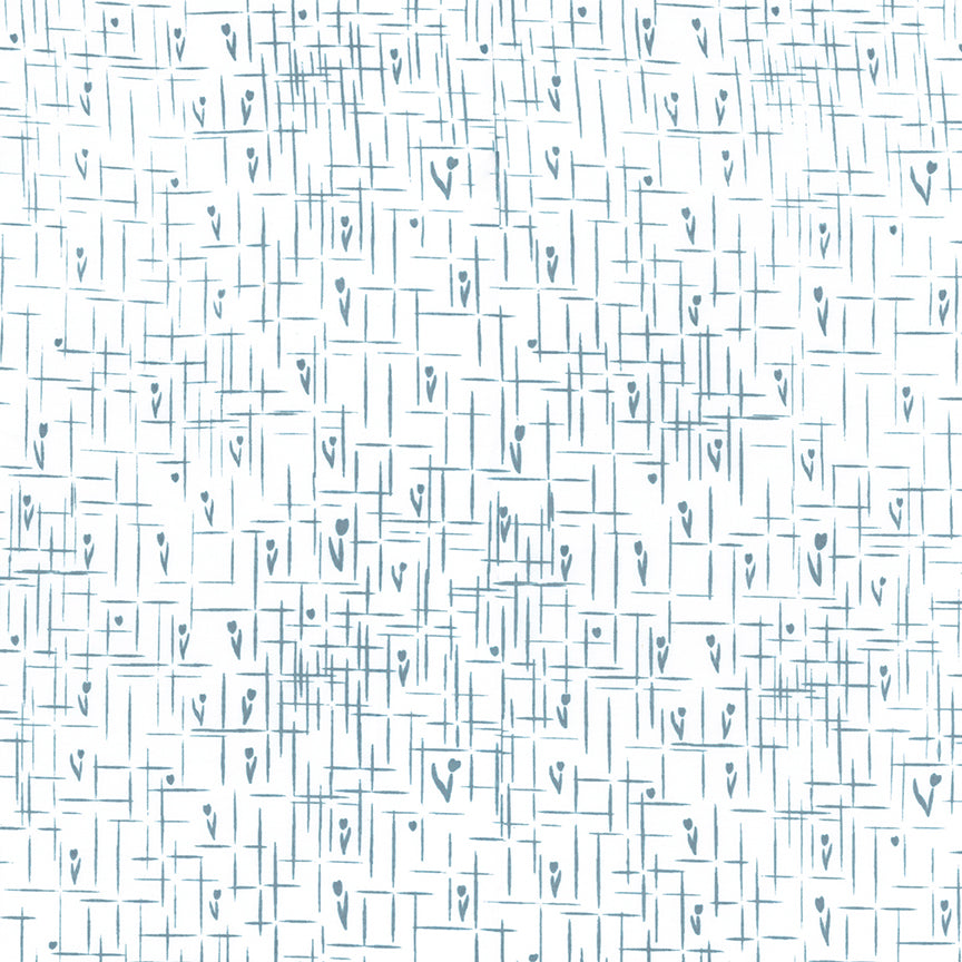 A seamless pattern featuring a white background with a dense, hand-drawn style grid of intersecting blue lines and small abstract floral or heart-like motifs.
