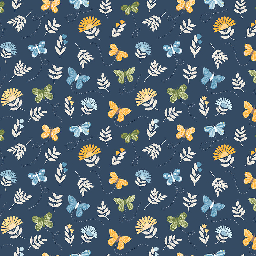 Pattern of butterflies and flowers on a blue background