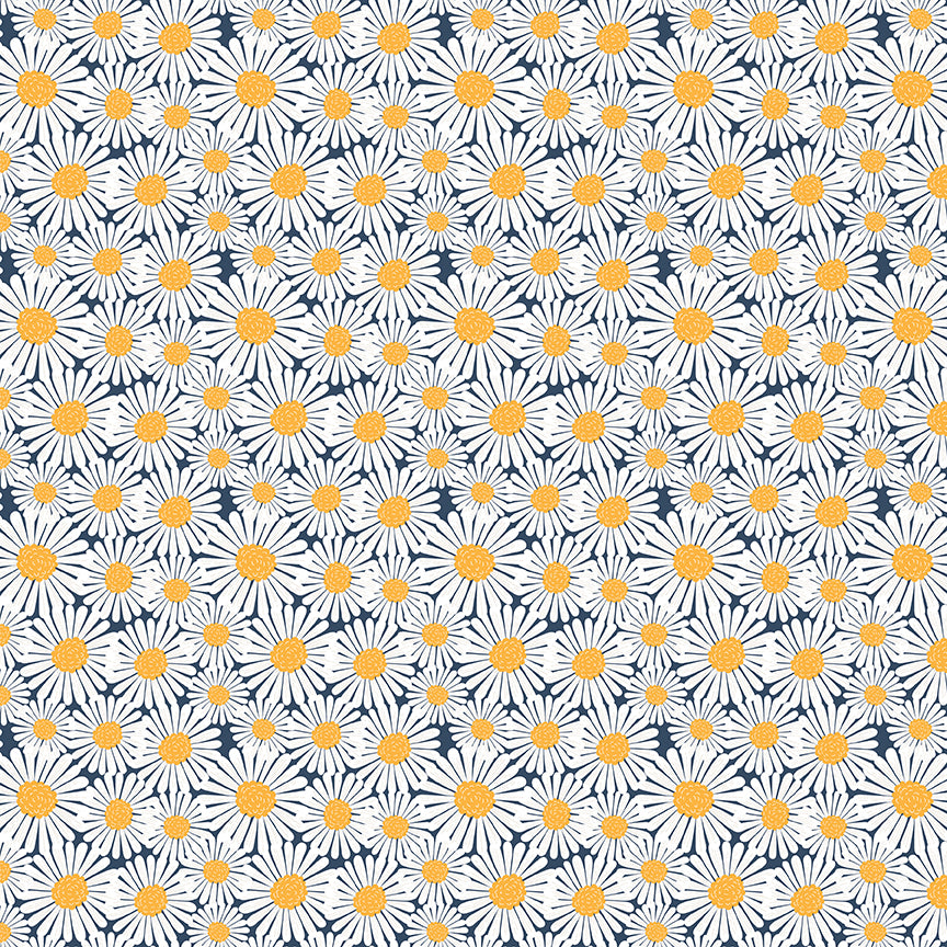 Pattern of white flowers with yellow centers on a blue background