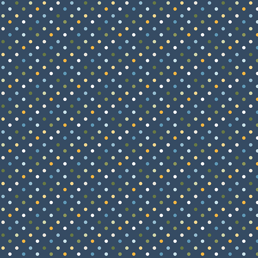 Pattern of small, multicolored dots on a blue background