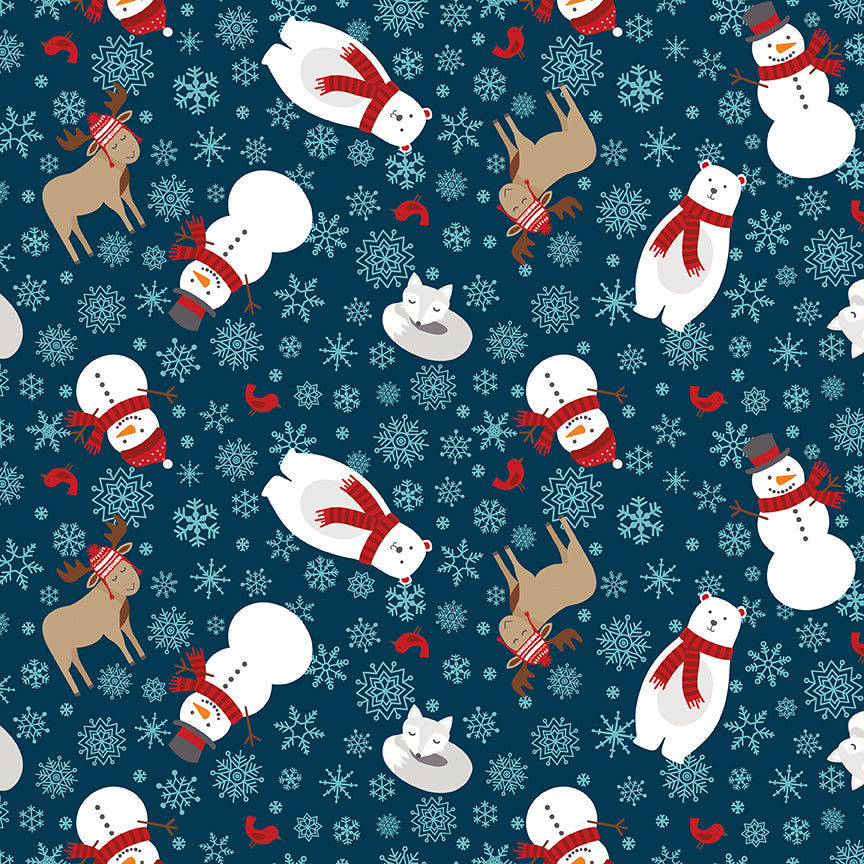 Christmas-themed pattern with snowmen, bears, and reindeer on a blue background.