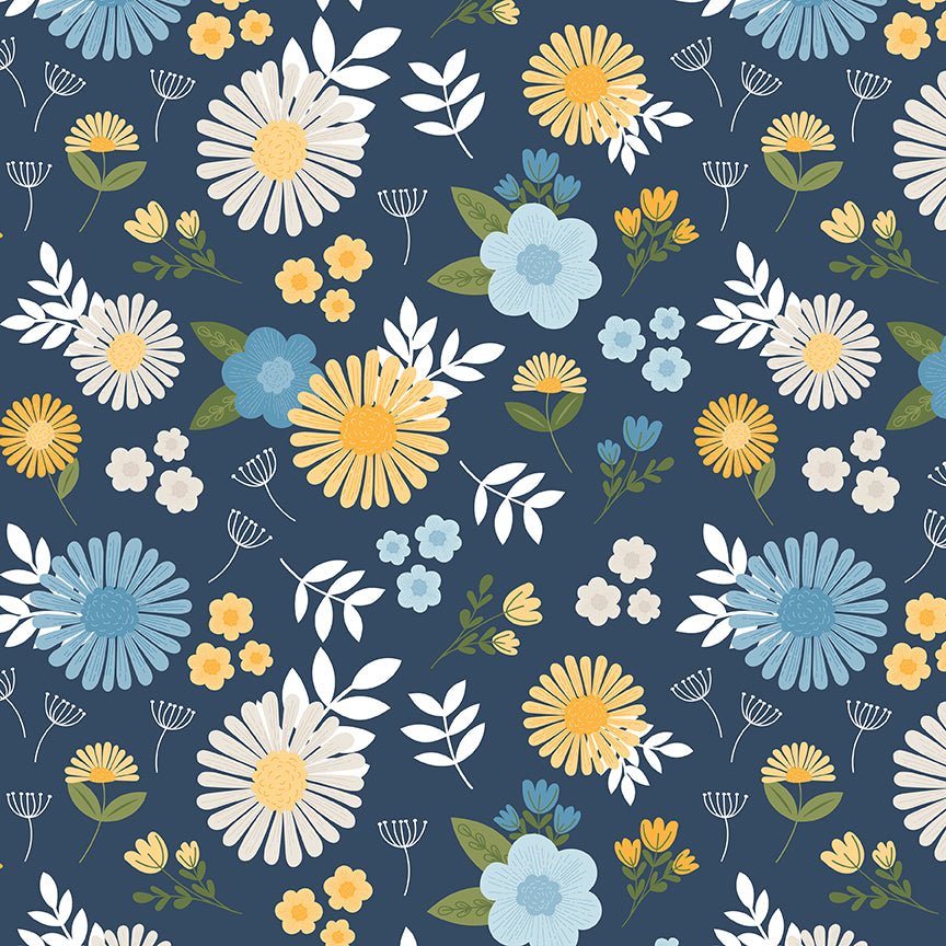 Pattern of colorful flowers on a blue background