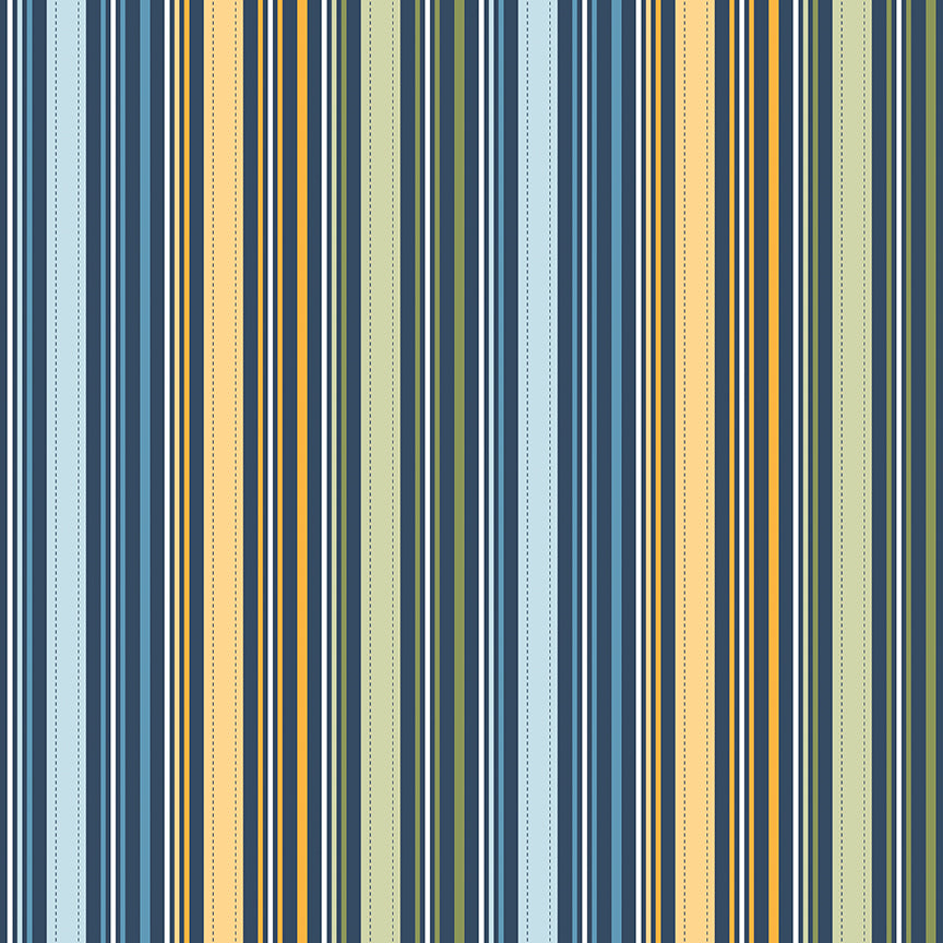 Pattern of vertical stripes in blue, yellow, and green on a light blue background