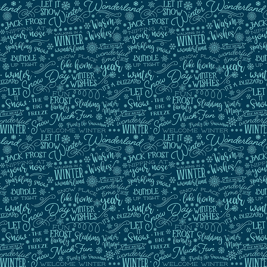 Pattern of winter-themed text and snowflakes on a blue background