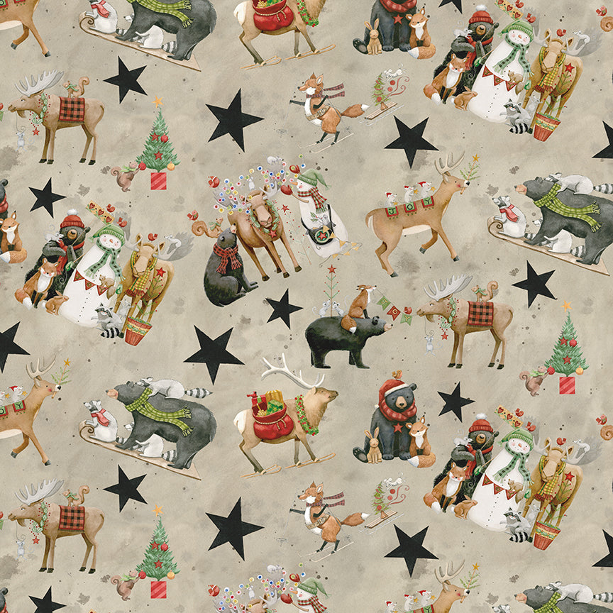 Pattern of Christmas-themed animals and stars on a beige background