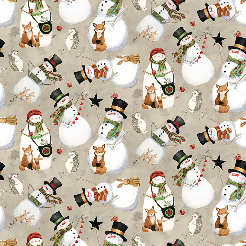 Pattern of snowmen, foxes, and deer on a beige background