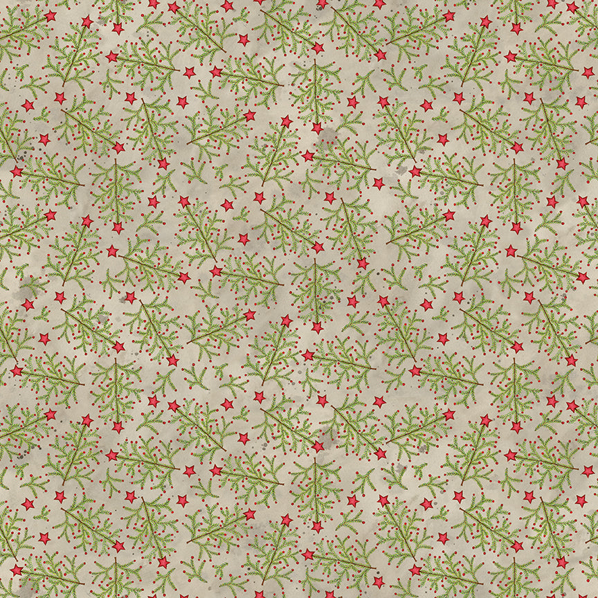 Pattern of green leaves and red stars on a beige background