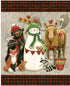 Winter scene with snowman, bear, fox, and deer on a plaid background
