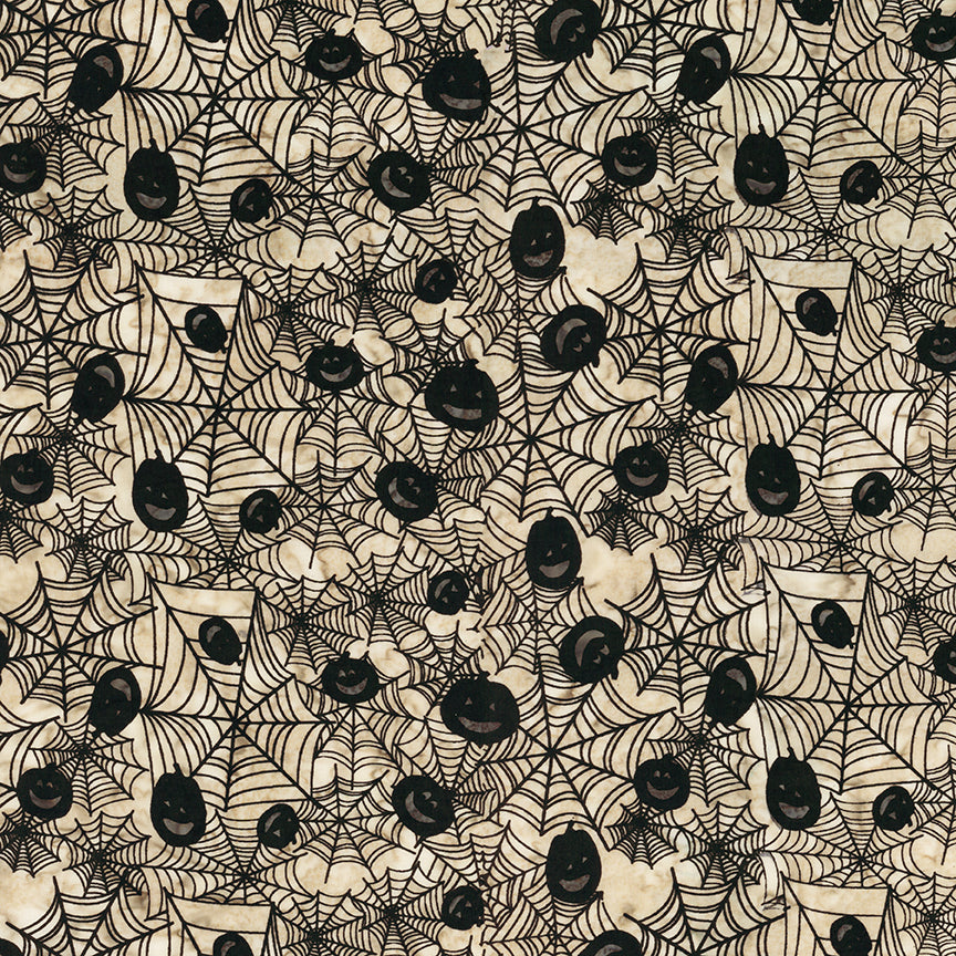 Pattern of black pumpkins and spider webs on a beige background
