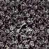 A repeating black and white floral vine pattern fills the frame, with white line-art flowers and leaves on a black background.