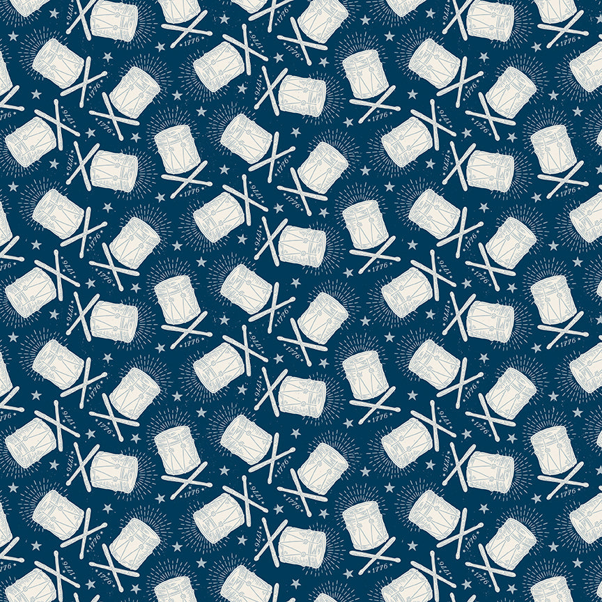 Pattern of drums and stars on a blue background