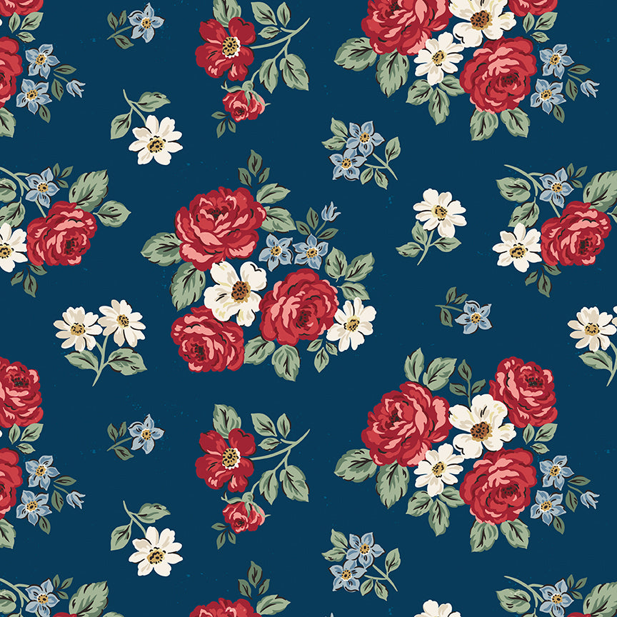 Floral pattern with red roses and white flowers on a blue background