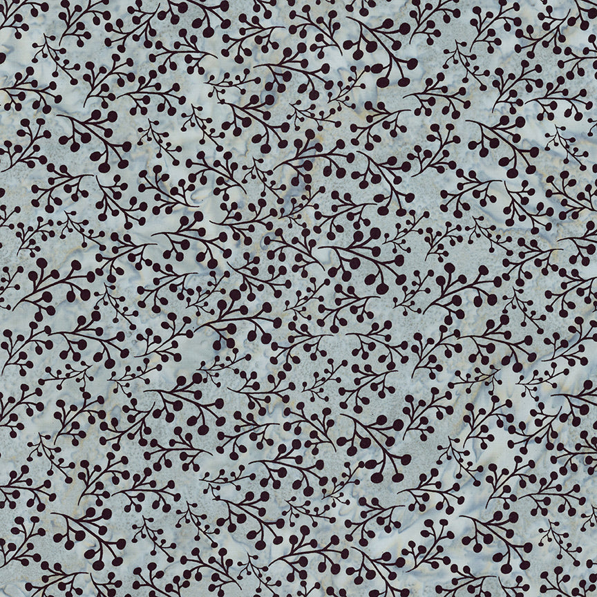 A repeating botanical pattern of dark brown berry branches on a light gray stone-textured background.