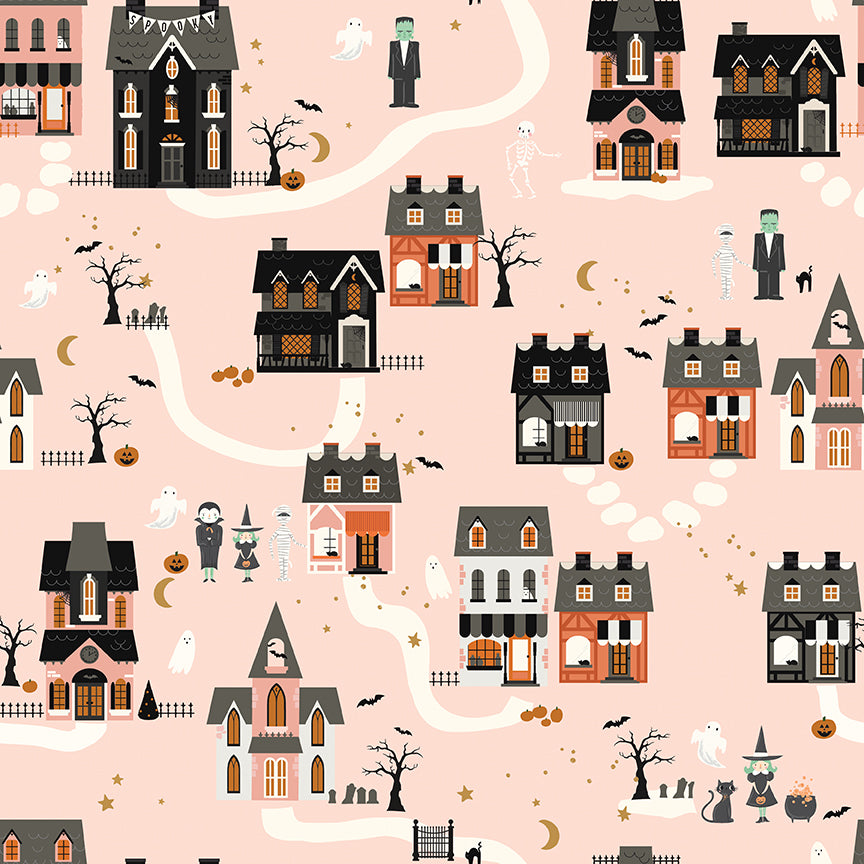 Fabric Riley Blake Pink Houses Frank and Friends by the Quarter Yard C17471-PINK