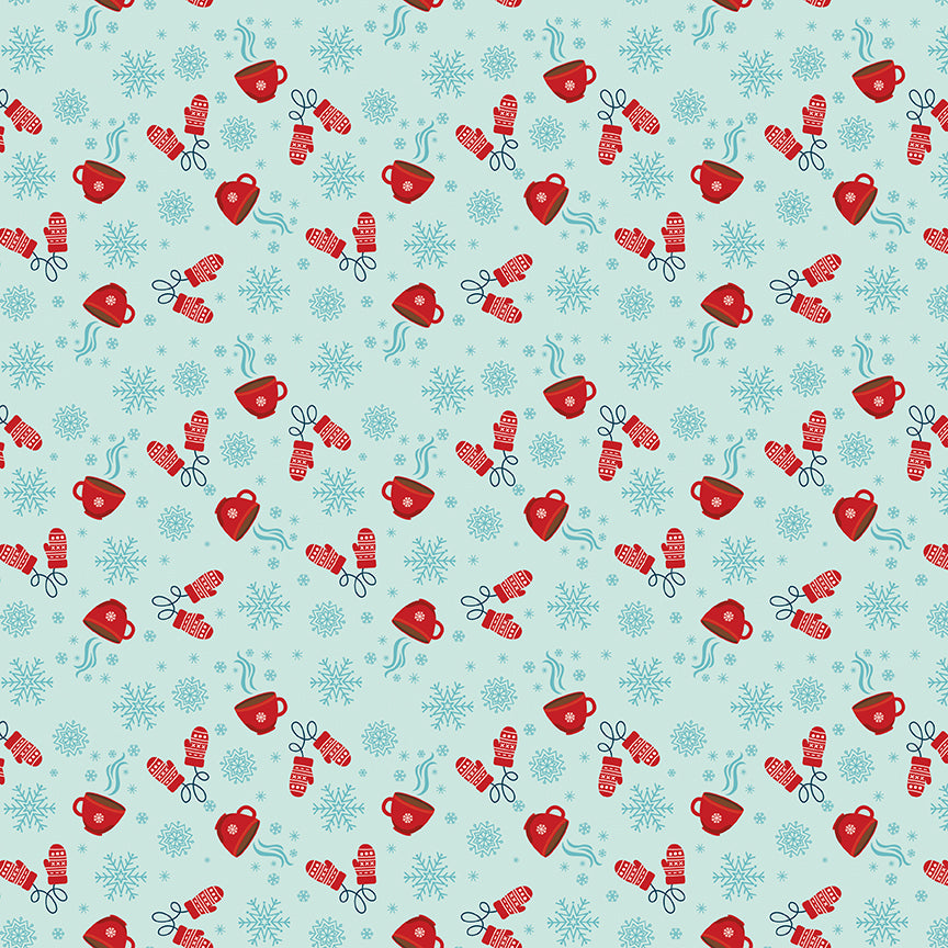 Pattern of red mugs, hearts, and snowflakes on a light blue background