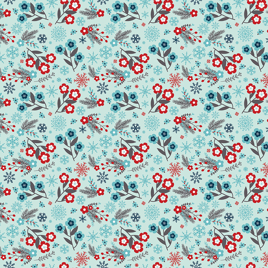 Pattern of red and blue flowers on a light blue background