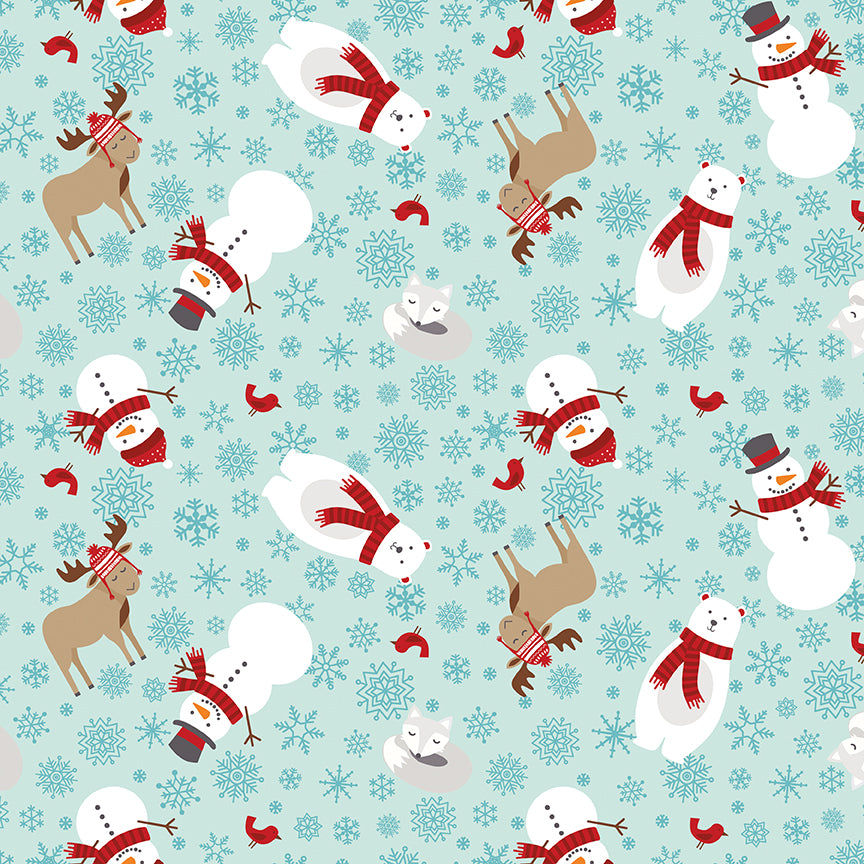 Pattern of snowmen, reindeer, and snowflakes on a light blue background
