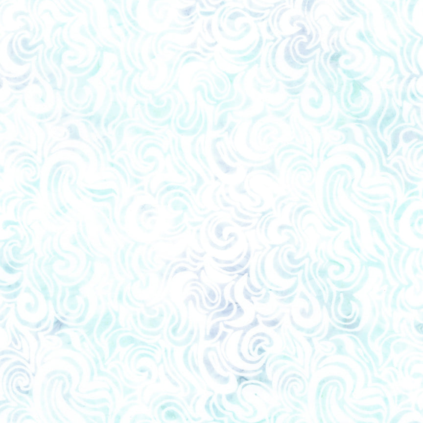 A close-up of a white fabric or material with a repeating light aqua swirl pattern.