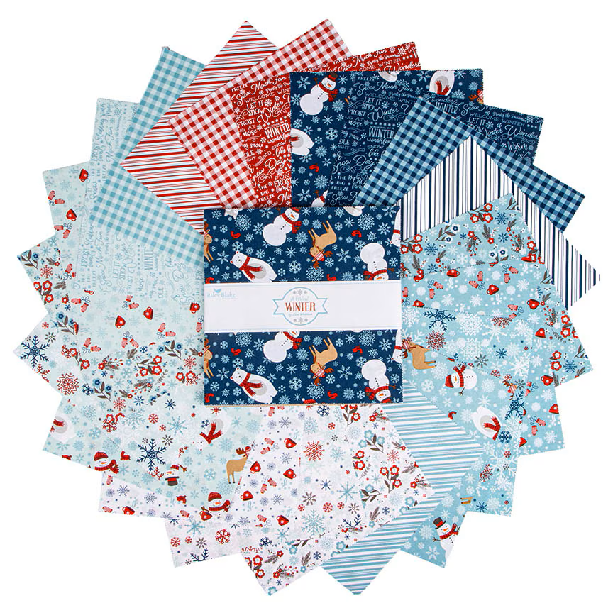 A set of winter-themed fabric pieces arranged in a circular fan, with a central folded bundle wrapped in a white paper band labeled 'Winter'. The fabrics feature various holiday patterns including gingham, stripes, snowflakes, Santa Claus, snowman, reindeer, and snow globes in shades of blue, red, white, and navy.