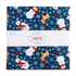 A folded fabric bundle with a navy blue winter print featuring snowmen, reindeer, snowflakes, and red accents, wrapped in a white paper band labeled Riley Blake Fabrics 'A Perfect WINTER'.
