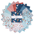 A set of winter-themed fabric pieces arranged in a circular fan, with a central folded bundle wrapped in a white paper band labeled 'Winter'. The fabrics feature various holiday patterns including gingham, stripes, snowflakes, Santa Claus, snowman, reindeer, and snow globes in shades of blue, red, white, and navy.