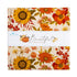 A folded fabric cloth featuring a warm autumn floral pattern with sunflowers, orange flowers, red berries, and a small pumpkin on a cream background. A white paper band across the middle reads 'Riley Blake Designs' and 'Bountiful by Sandra Gervais.