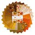 Collection of autumn-themed fabric swatches with a central card displaying sunflowers and leaves.
