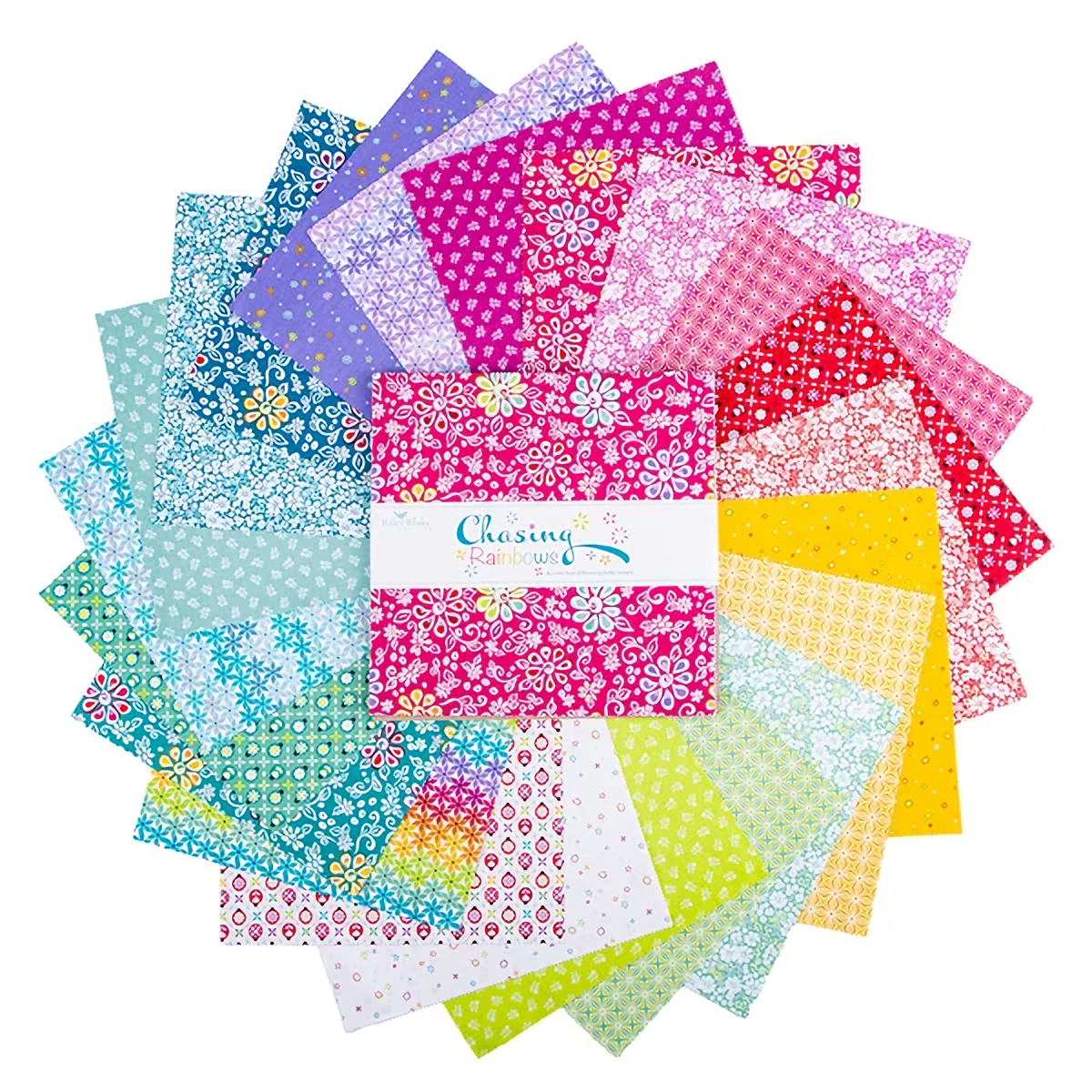 A circular arrangement of multiple fabric swatches in assorted colors and floral patterns, with a central label reading 'Chasing Rainbows' on a white background.