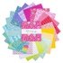A circular arrangement of multiple fabric swatches in assorted colors and floral patterns, with a central label reading 'Chasing Rainbows' on a white background.