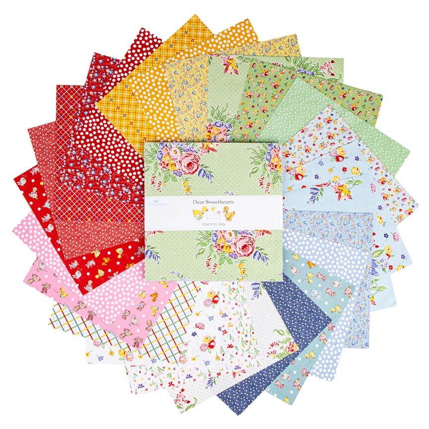 A circular arrangement of assorted fabric squares in multiple colors and floral patterns, with a central package label reading "Dear Sweethearts".