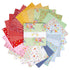 A circular arrangement of assorted fabric squares in multiple colors and floral patterns, with a central package label reading "Dear Sweethearts".
