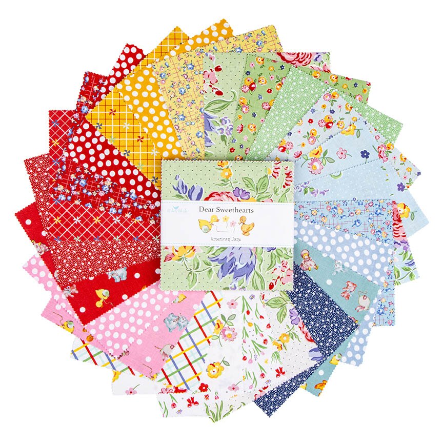 A circular arrangement of multiple fabric swatches in assorted patterns and colors, including red, yellow, green, blue, pink, and white floral prints, with a central label reading 'Dear Sweethearts'.