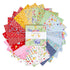 A circular arrangement of multiple fabric swatches in assorted patterns and colors, including red, yellow, green, blue, pink, and white floral prints, with a central label reading 'Dear Sweethearts'.