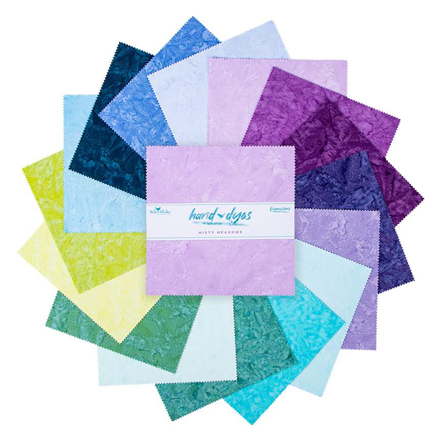 Collection of colorful fabric squares with a brand label on a white background