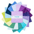 Collection of colorful fabric squares with a brand label on a white background