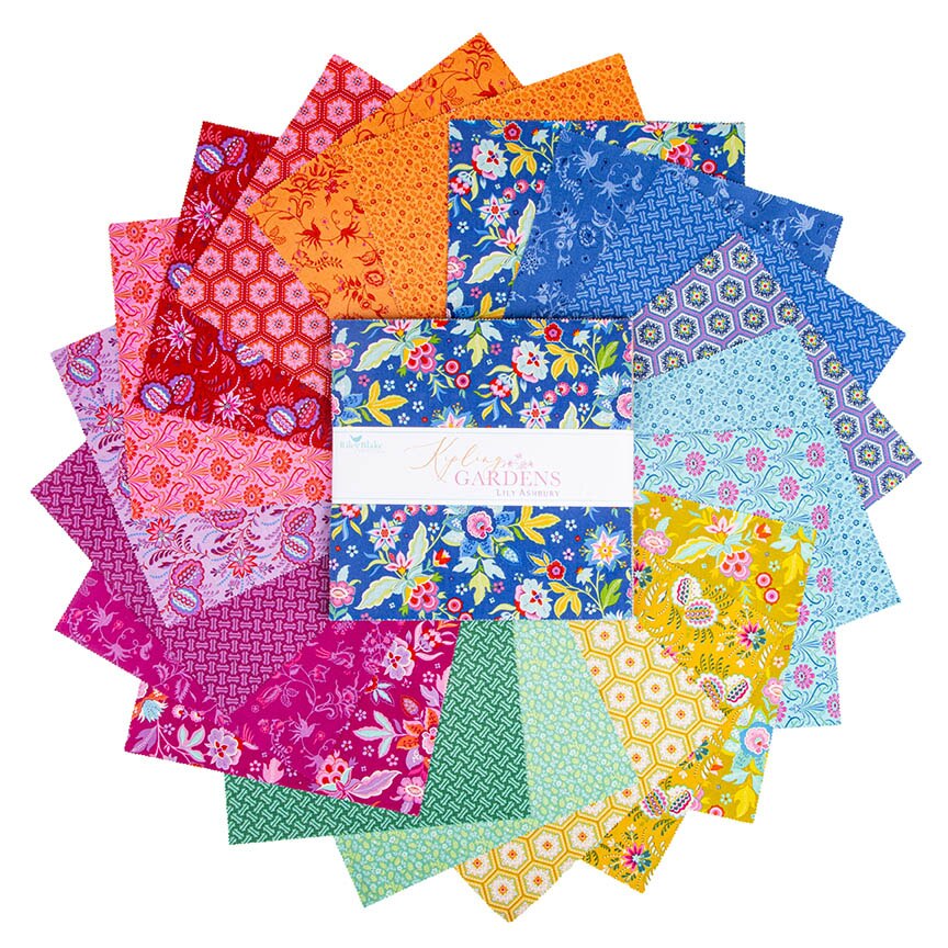Stack of colorful fabric squares with a brand label on a white background