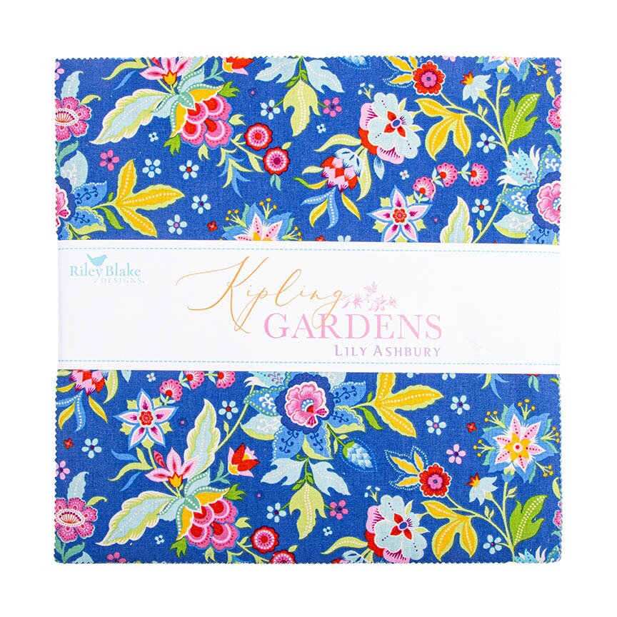 Floral fabric bundle with 'Kipling Gardens' design by Lily Ashbury on a blue background