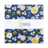A folded fabric bundle with a floral print on a dark navy background, wrapped in a white paper band labeled Riley Blake Sunshine & Dandelions.