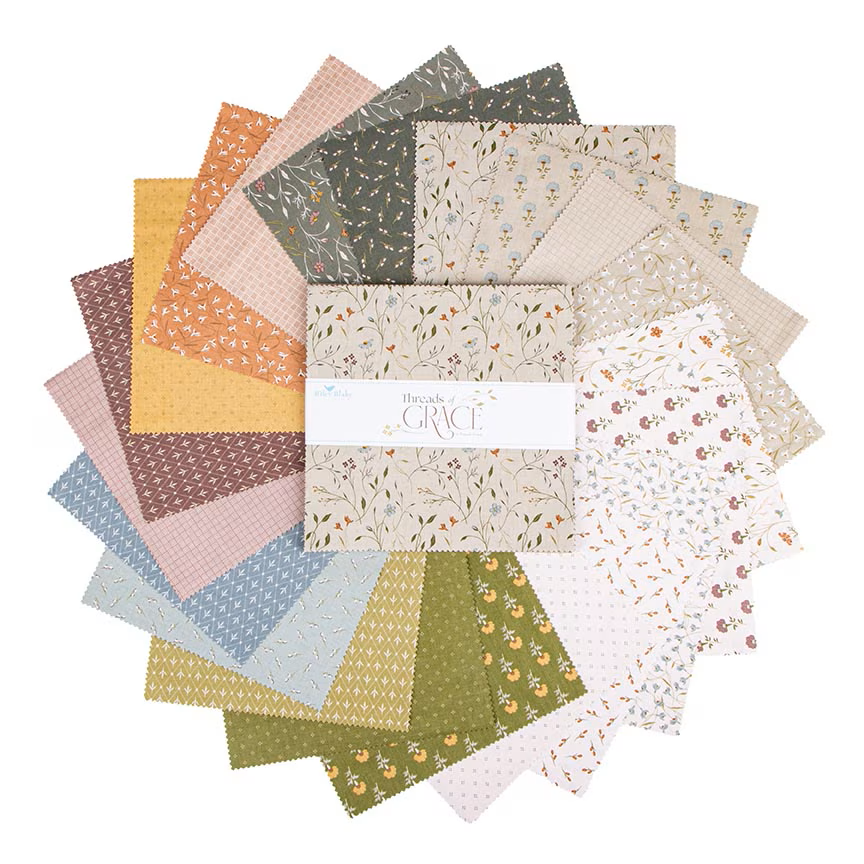 Collection of patterned fabric squares with a brand label on a white background
