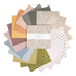 Collection of patterned fabric squares with a brand label on a white background