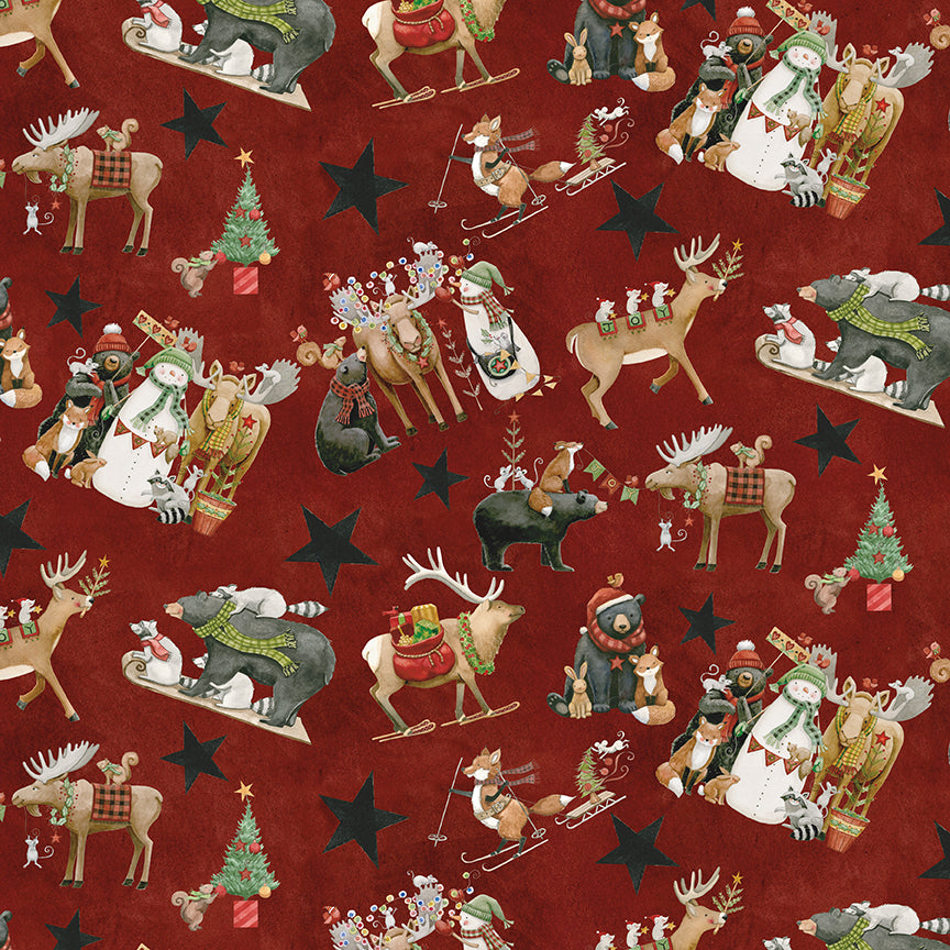Christmas-themed fabric pattern with reindeer, snowmen, and trees on a red background.