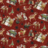 Christmas-themed fabric pattern with reindeer, snowmen, and trees on a red background.