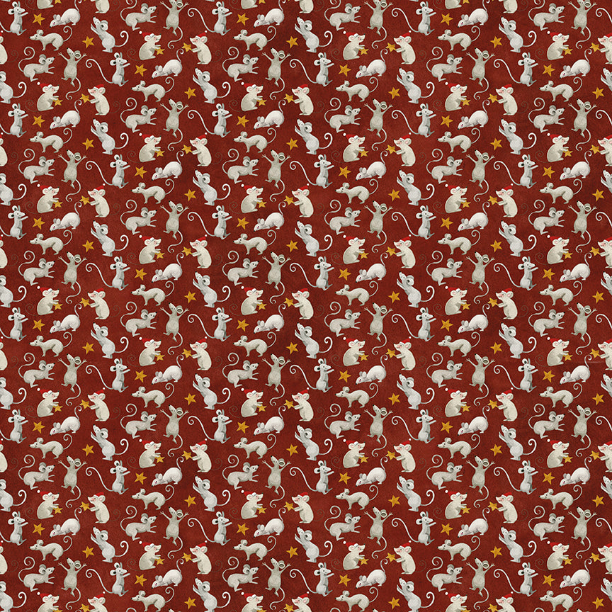 Pattern of white mice and yellow stars on a red background