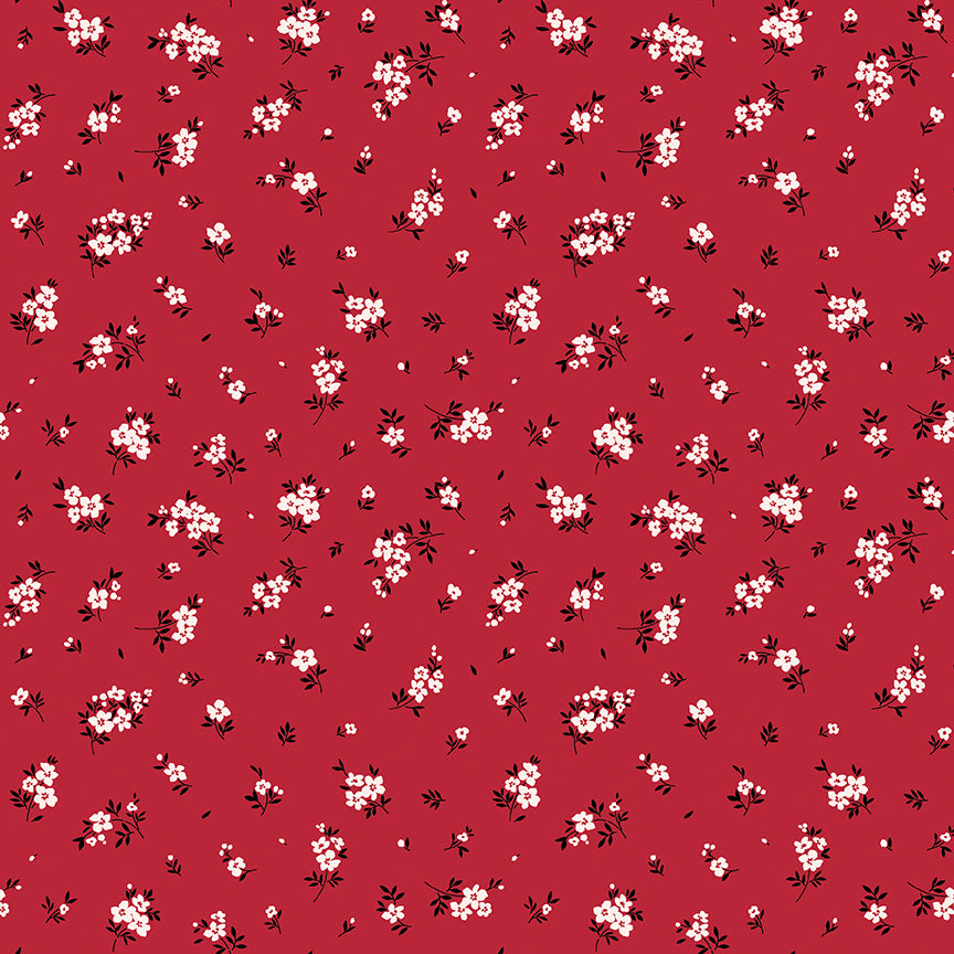 Floral pattern with small white flowers on a red background