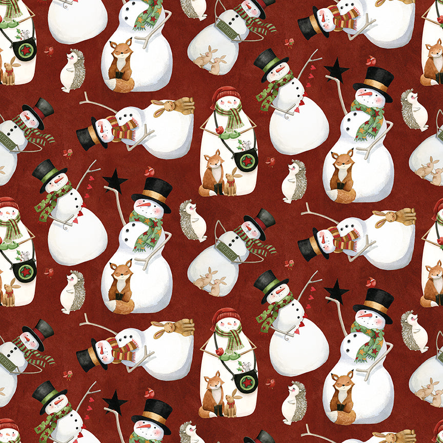 Pattern of snowmen and animals on a red background