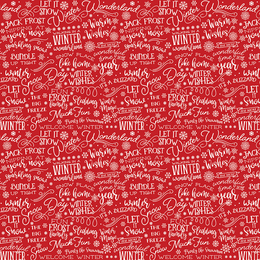 Red background with white winter-themed text and snowflake patterns