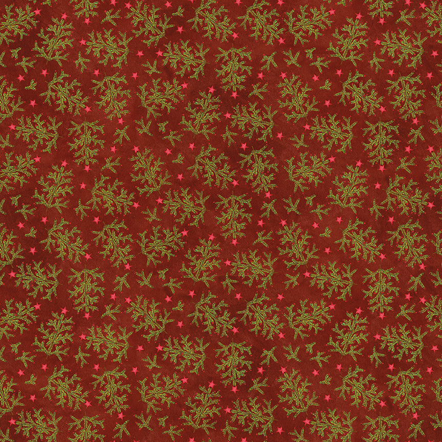 Red fabric with green leaf pattern