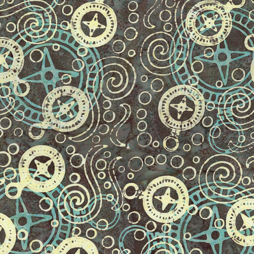 A close-up of a repeating abstract pattern featuring cream circular medallions with star-like centers, teal spiral and circular motifs, and a dark mottled background.